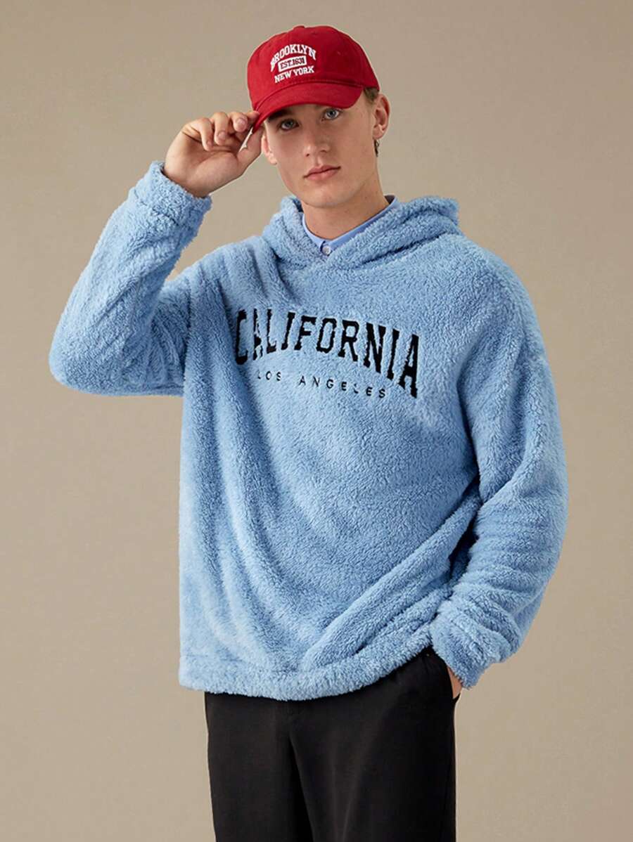 Manfinity RebelGame Loose Fit Men's Teddy Hoodie With Drop Shoulder And Letter Embroidery Detail,Back To School - Baby Blue - View 1