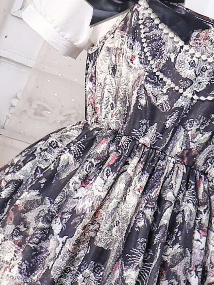 Tween Girl 2pcs White Top And Ladies' Black Printed Dress Set, Casual Outfit