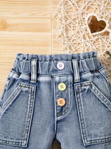 Baby Girl Light Washed Blue Ruffle Waist Cute & Versatile Denim Shorts - Light Wash - View 6