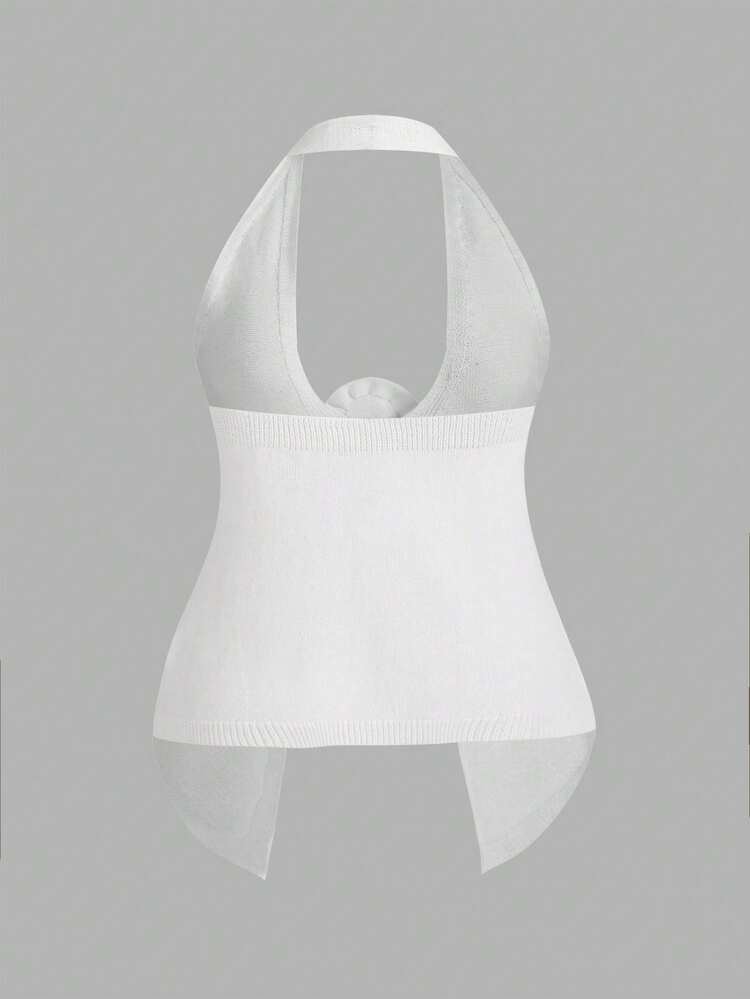 Women's Plus Size Knitted Sweater With 3D Flower Decoration And Halter Design