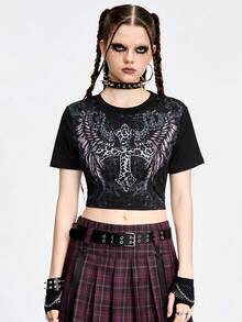 ROMWE Grunge Punk Women's Leopard Print Cross Pattern Punk Style Short Sleeve Slim Fit T-Shirt - Black - View 5