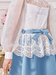 Tween Girl Round Neck Lantern Sleeve Mesh Embroidery Shirt With Detachable Belt & Skirt Set - Blue - View 6