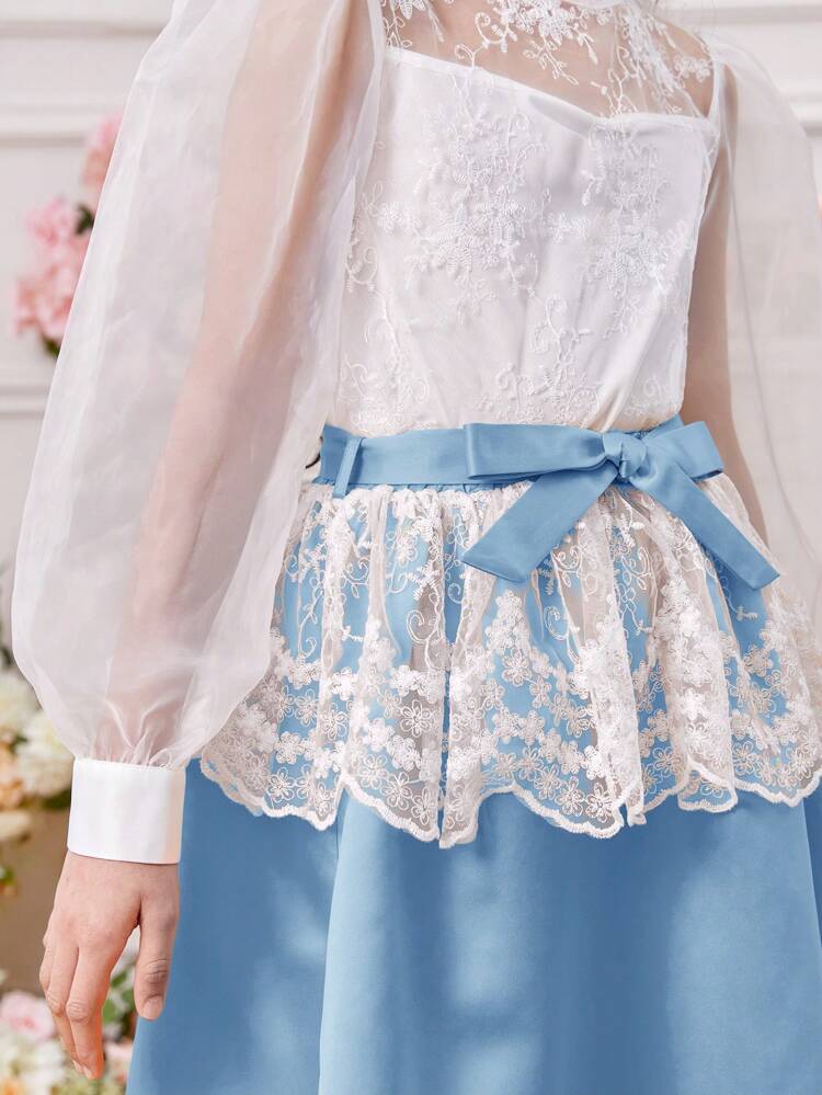 Tween Girl Round Neck Lantern Sleeve Mesh Embroidery Shirt With Detachable Belt & Skirt Set