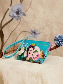 Frida Kahlo X SHEIN Monedero con cremallera con estampado de caracteres y flores, regalo