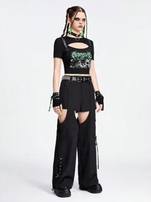 ROMWE Grunge Punk 底部炸辮式字母和骷髏印花金屬網飾女士中空貼身T恤 - 黑色 - 查看 2