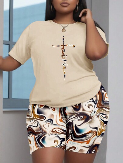 Slaydiva 2pcs Women Casual Khaki Prayer Slogan Wavy Print T-Shirt And Shorts Set Suitable For Going Out