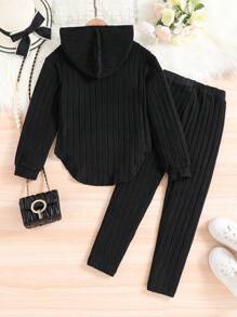 SHEIN Conjunto de duas peças de blusa e calça assimétricas com capuz e nervuras de malha para meninas pré-adolescentes