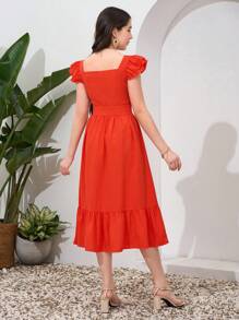SHEIN Teen Girl Woven Ruffled Flutter Sleeve Open-Front Belted Holiday Dress