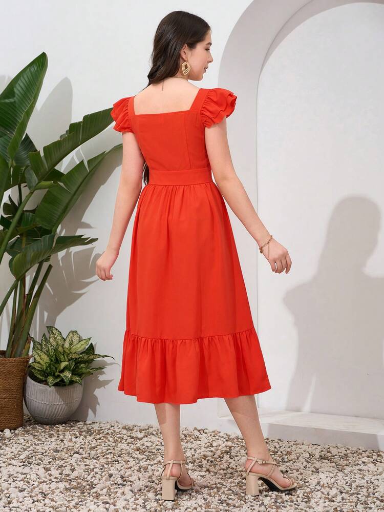 Teen Girl Woven Ruffled Flutter Sleeve Open-Front Belted Holiday Dress