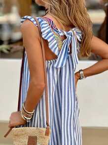 Breezaya Vestido lindo en línea A suelto de manga corta y cuello de tapeta tejido para mujer con cinturón de parches y estampado a rayas - Azul y blanco - Ver 3