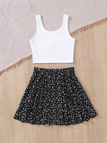SHEIN Conjunto informal de 2 piezas para niña adolescente, con top de punto de cuello en U y falda de gasa con estampado floral menudo