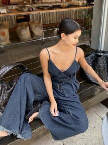 Livesso 女士素色简约日常无袖上衣和牛仔裤套装夏季荷叶边返校服 - 藍色 - 查看 4