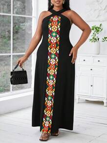 SHEIN Lady Sukienka plus size z nadrukiem, bez rękawów, wiązana na szyi, elegancka na imprezy i wyjścia, wyszczuplająca, idealna na lato, festiwal, koncerty muzyki country, wysokie kobiety