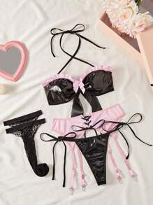 SHEIN Women Sexy Lace-Up Bow Decor Bra And Thong Set, With Garter Belt And Over Knee Stockings As Color-Contrasting Lingerie Party Costume