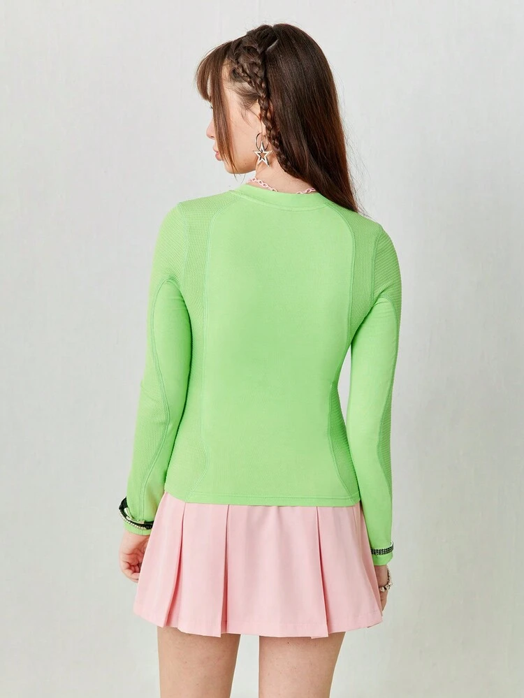 Women's Casual Sports Round Neck Knitted Green Tight Long Sleeve T-Shirt