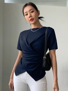 DAZY 夏季休閒純色交叉包裝短袖T恤 - 藏蓝色 - 查看 3