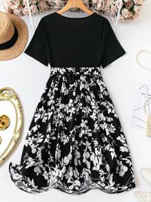 SHEIN Clasi Plus Size Vacation Leisure Color Block Floral Print Short Sleeve Dress With Patchwork Design - Multicolor - View 2