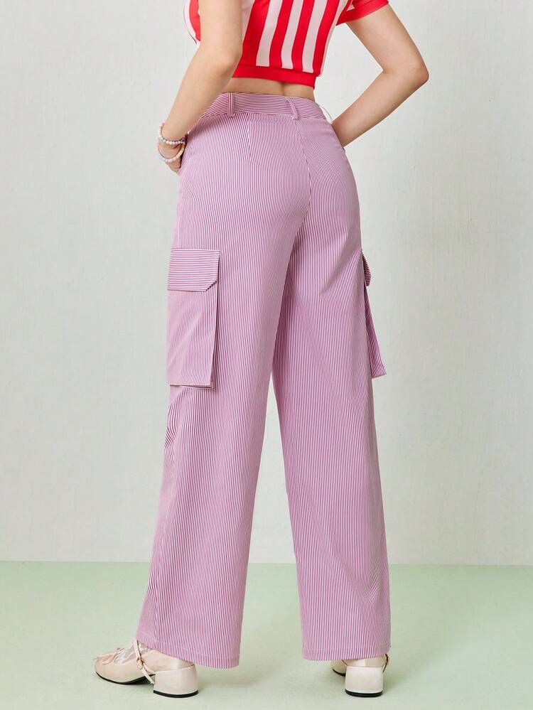Women's Summer Casual Oversized Pocket Work Clothes, Pink Straight Leg Pants