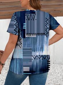 EMERY ROSE Plus Size Women's Spring Asymmetrical Printed Graphic Color Block T-Shirt, For Summer