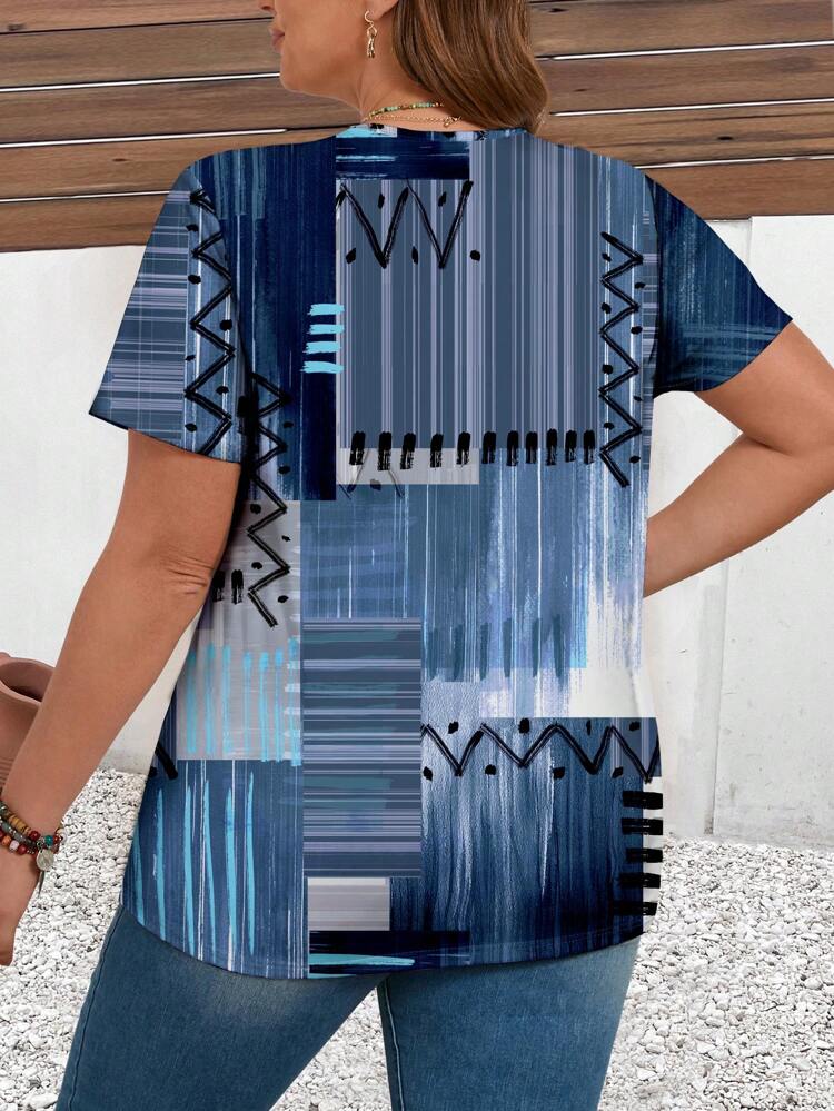 Plus Size Women's Spring Asymmetrical Printed Graphic Color Block T-Shirt, For Summer