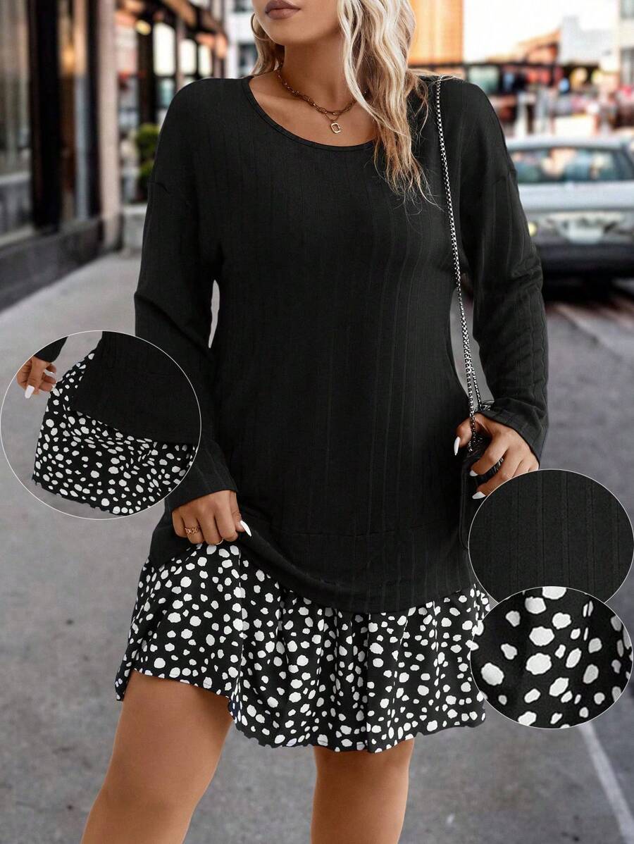 SHEIN LUNE Plus Dalmatian Print Ruffle Hem Dress - Black - View 1
