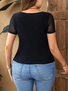 SHEIN Privé 极简主义对比色网眼褶皱扇贝领 T 恤，夏季 - 黑色 - 查看 2