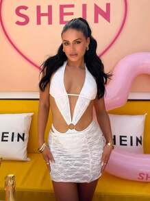 Swim SXY Summer Beach Ring Linked Halter One Piece Swimsuit With Beach Skirt - White - View 1