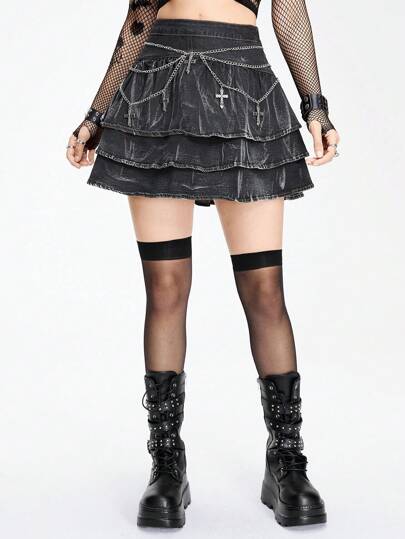 Gothic Style Cross Shaped Metal Chain Belt Decoration Women's Denim Cake Skirt