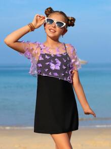 Tween Girl Vacation Butterfly Print Casual One-Piece Swimsuit With Mesh Short Sleeve Cover-Up Top - Multicolor - View 1