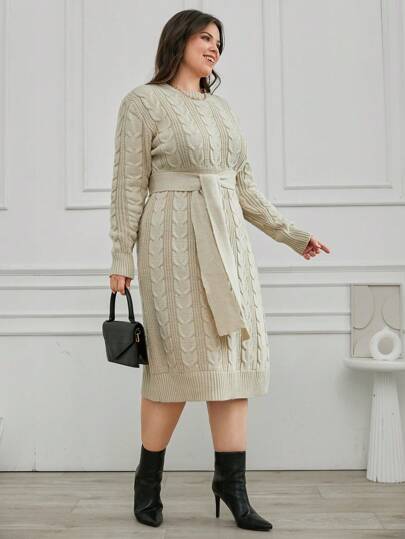 EURMUSE Plus Size Cable Knit Belted Sweater Dress, For Winter