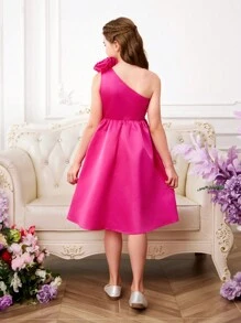 SHEIN Tween Girl Graduation Party Spring/Summer Woven Mono-Shoulder Dress With 3D Flower Embellishments - Hot Pink - View 2