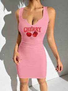 SHEIN EZwear 樱桃图案休闲简约女式 V 领无袖紧身迷你连衣裙，适合夏季，女士柔和色调连衣裙 - 粉色 - 查看 7