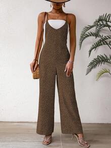 SHEIN LUNE Damski letni kombinezon w panterkę, na co dzień z paskiem typu spaghetti - Kolor khaki - Zobacz 5