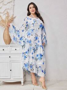 Modelyn Plus Size Summer Elegant Floral Print Dress With Flare Sleeves, Elastic Waist And Asymmetrical Hem - Multicolor - View 7