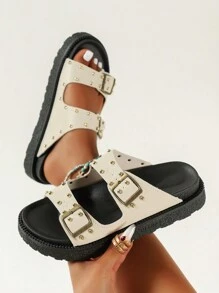 Beige Women Platform Wedge Heel Studded Slip-On Sandals