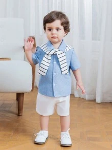 SHEIN 父親節家庭配對裝嬰兒男女，3件/套休閒夏季短袖印花襯衫、短褲和披肩，適合生日派對、洗禮、1歲生日慶祝會、晚會、表演、婚禮和其他場合