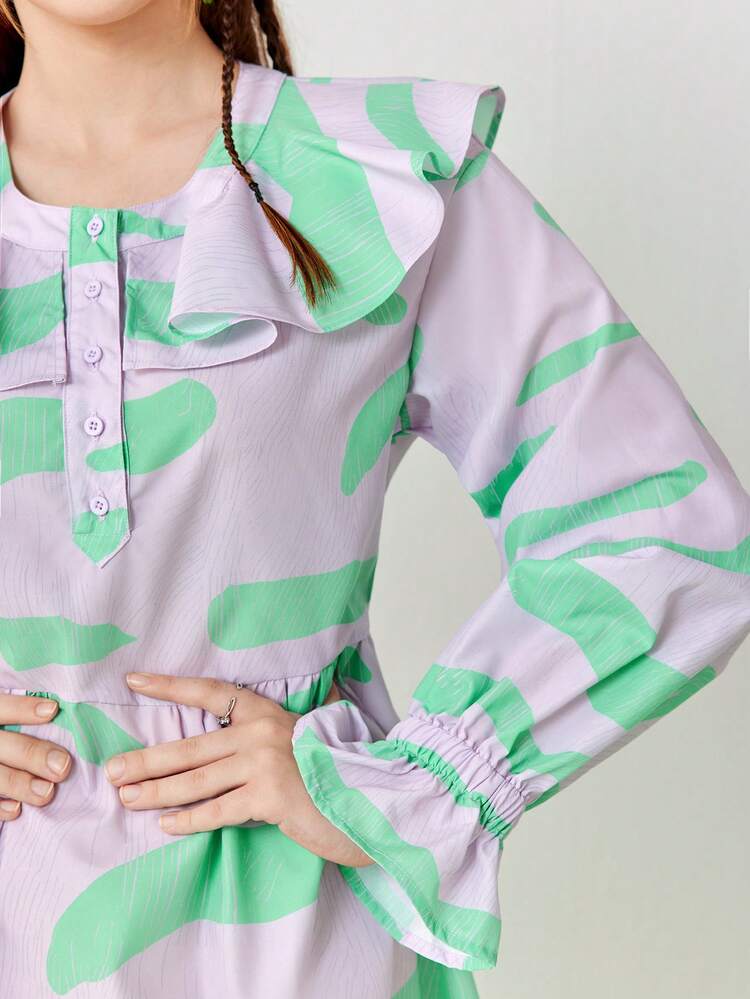 Women's Summer Casual Long Sleeve Ruffle Collar Printed Pattern Dress.