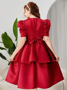 SHEIN Teen Girl Red/Burgundy Short Sleeve Beaded Computer Embroidery Waistband Tiered Ruffle Hem Princess Style Elegant Dress For Formal Party - Red - View 2