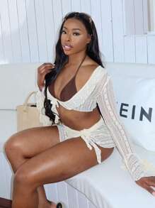 SHEIN Swim Summer Beach Triangle Cup Back Knot Bikini Set And Bell-Sleeve Cover Up Set - Multicolor - View 1