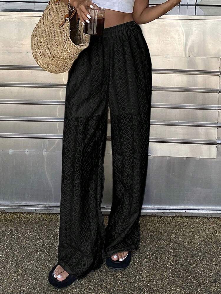 Women's Solid Color Elastic Waist Casual Vacation Style Long Pants, Summer,Teacher Pants