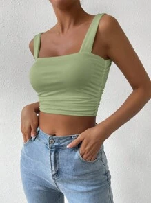 Chiquease Áo ba lỗ thông thường mùa hè xếp li màu trơn có dây đai rộng - màu xanh lá - Xem 4