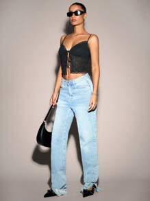 SHEIN BAE 蕾丝边网眼透明性感蝴蝶结吊带短款上衣，女式无袖夏季背心，狂欢节乡村音乐会服装 - 黑色 - 查看 4