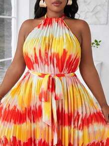 SHEIN Lady Vestido plisado con espalda descubierta y cuello halter sin mangas para mujer, talla grande, vestido de verano floral de gasa con empalme, adecuado para fiestas en la playa, vacaciones o eventos nocturnos