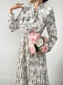 Mulvari Women's Spring/Summer Floral Print Ruffle Hem Belted Long Sleeve Pleated Hem Elegant Dress Maxi Women Outfit