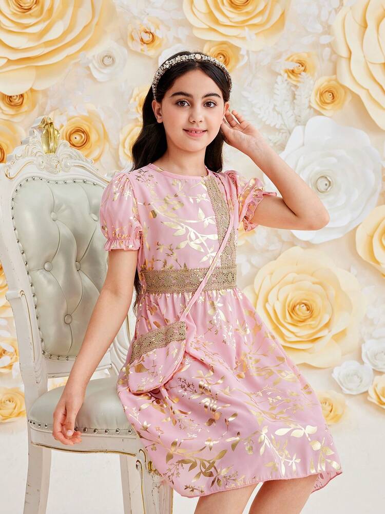 Tween Girl Fashionable Elegant Gold Printed Summer Dress