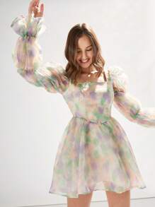 Enchnt 女式水彩荷花印花短袖連衣裙,帶有花邊修飾袖口和方領 - 紫色 - 查看 5