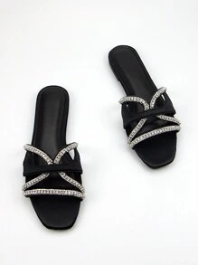 女士優雅的黑色緞面扁平涼鞋，风水鑲嵌水晶裝飾，方头設計，時尚舒適，適合日常穿著和派對 - 黑色 - 查看 1