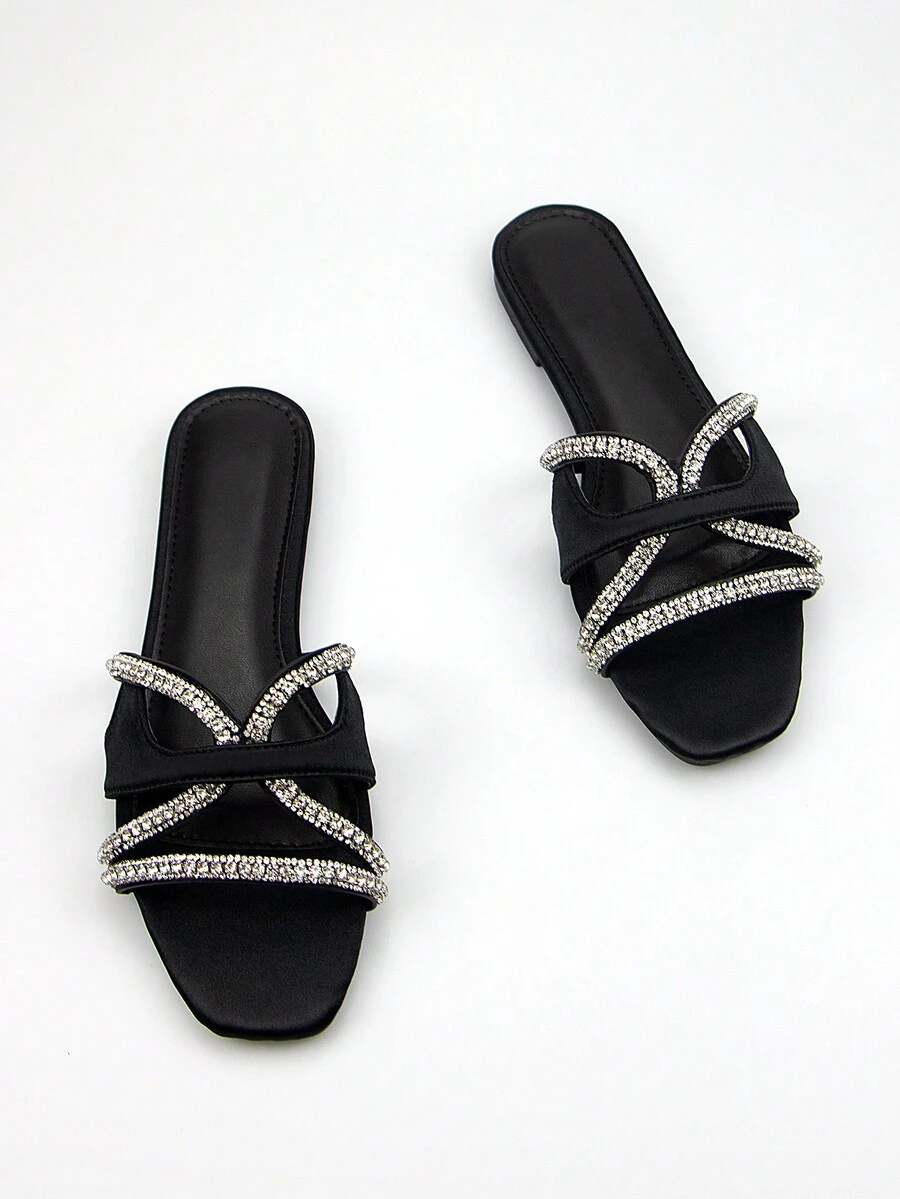 女士優雅的黑色緞面扁平涼鞋，风水鑲嵌水晶裝飾，方头設計，時尚舒適，適合日常穿著和派對 - 黑色 - 查看 1