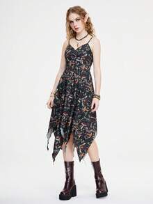 ROMWE Hippie Gaun Slip Gaya Liburan Wanita dengan Motif Bunga Botanikal dan Hem Asimetris - MultiWarna - View 3