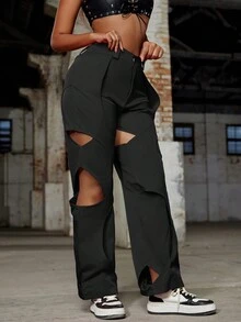 Pantalones cargo de dos tonos con recortes de estilo rave - Negro - Ver 4